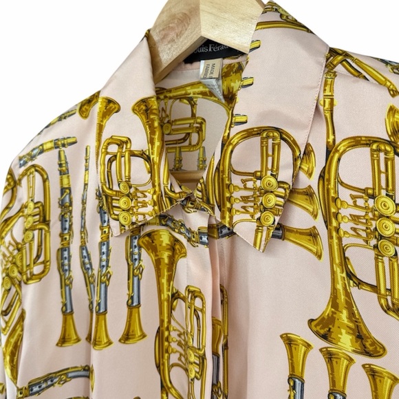 Vtg Louis Feraud Cream Gold Musical Pattern Button Up 100% Silk Blouse Women 10 - Picture 5 of 13